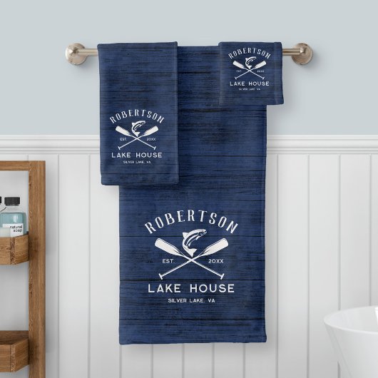 Rustiek Lake House familienaam Blue Wood Bad Handdoek