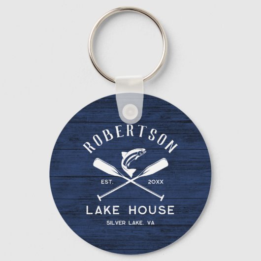 Rustiek Lake House familienaam Blue Wood Sleutelhanger (Voorkant)