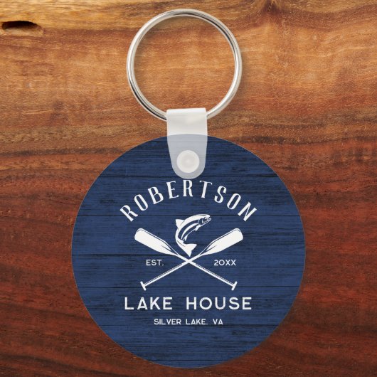 Rustiek Lake House familienaam Blue Wood Sleutelhanger (Voorkant)