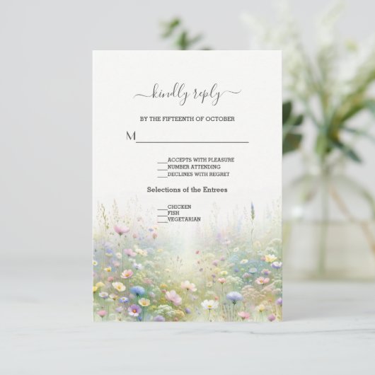 Rustiek Land Aquarel Wildbloemen Bruiloft RSVP Kaartje (Staand voorkant)