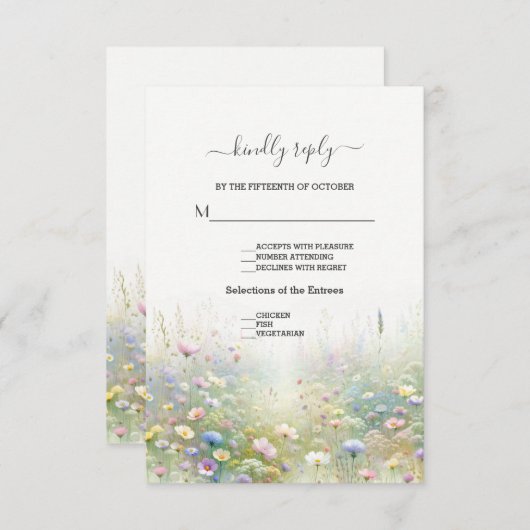 Rustiek Land Aquarel Wildbloemen Bruiloft RSVP Kaartje (Voorkant / Achterkant)