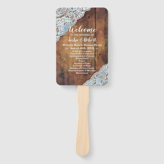 Rustiek Land Barnwood Kant Bruiloft Programma's Handwaaier (Voorkant)