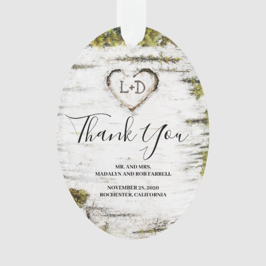 Rustiek land berk boom hart bruiloft dank u ornament (voorkant)