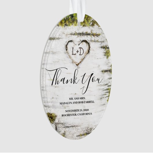 Rustiek land berk boom hart bruiloft dank u ornament (voorkant)