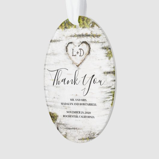 Rustiek land berk boom hart bruiloft dank u ornament (voorkant)