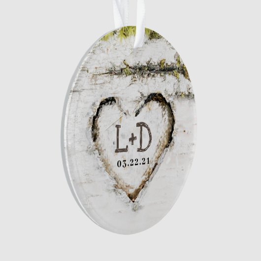 Rustiek Land Berk Tree Hart Bruiloft Initialen Ornament (voorkant)