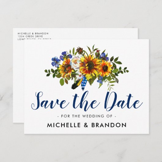 Rustiek land Bewaar de datum | Marine & Geel Aankondigingskaart (Voorkant / Achterkant)