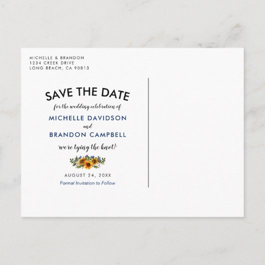 Rustiek land Bewaar de datum | Marine & Geel Aankondigingskaart (Achterkant)