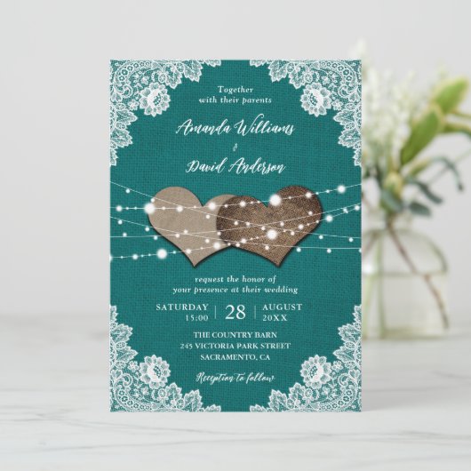 Rustiek Land Blauwgroen Burlap Kant Bruiloft Kaart (Staand voorkant)