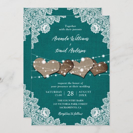 Rustiek Land Blauwgroen Burlap Kant Bruiloft Kaart (Voorkant / Achterkant)