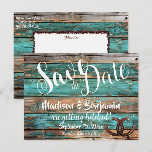 Rustiek Land Blauwgroen Hout Hoefijzer Save the Da Briefkaart (Voorkant / Achterkant)