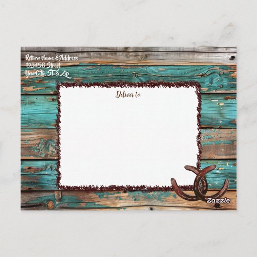 Rustiek Land Blauwgroen Hout Hoefijzer Save the Da Briefkaart (Achterkant)