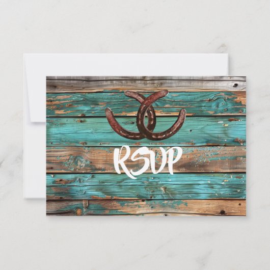 Rustiek Land Blauwgroen Schuur Hout Hoefijzer RSVP Kaart (Achterkant)