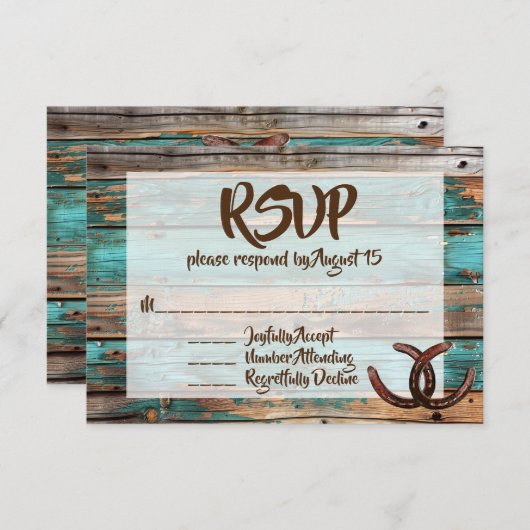 Rustiek Land Blauwgroen Schuur Hout Hoefijzer RSVP Kaart (Voorkant / Achterkant)
