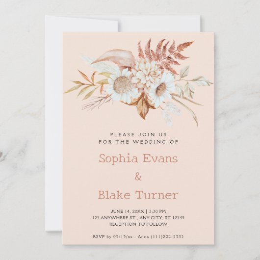 Rustiek Land Bloemen Botanische Roze Cream Bruilof Kaart (Voorkant)