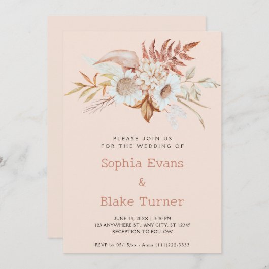 Rustiek Land Bloemen Botanische Roze Cream Bruilof Kaart (Voorkant / Achterkant)