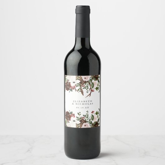 Rustiek Land Bloemen Gepersonaliseerde Bruiloft Wijn Etiket (Voorkant)