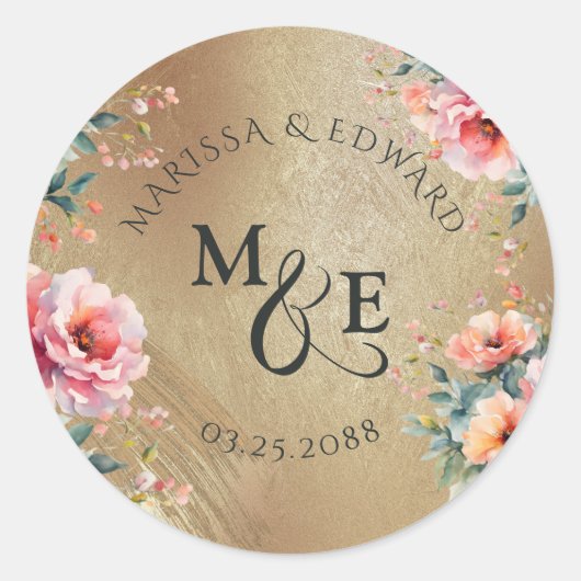 Rustiek Land Bloemen Goud Bruiloft Favor Ronde Sticker (Voorkant)