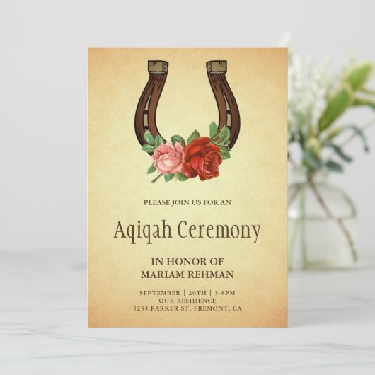 Rustiek Land Bloemen Hoefijzer Aqiqah Kaart (Staand voorkant)