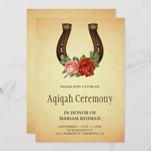 Rustiek Land Bloemen Hoefijzer Aqiqah Kaart (Voorkant / Achterkant)