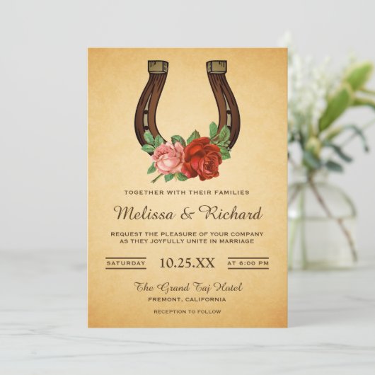 Rustiek Land Bloemen Hoefijzer Bruiloft Uitnodigin Kaart (Staand voorkant)