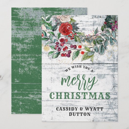 Rustiek Land Bloemen Houten Kerstmis Feestdagenkaart (Voorkant / Achterkant)