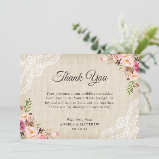 Rustiek Land Bloemen Kant Burlap Dank u Bedankkaart (Staand voorkant)