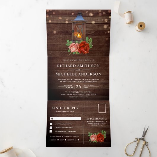 rustiek land bloemenhout lantaarn bruiloft drieluik uitnodiging (Binnen)