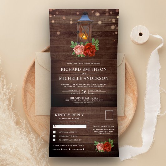  rustiek land bloemenhout lantaarn bruiloft drieluik uitnodiging