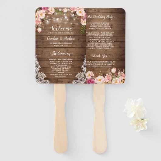 Rustiek land bloemenstring licht bruiloft programm handwaaier (Voorkant en achterkant)