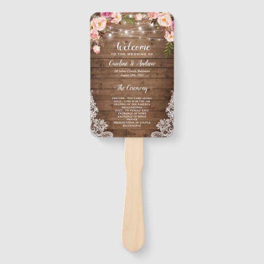 Rustiek land bloemenstring licht bruiloft programm handwaaier (Voorkant)