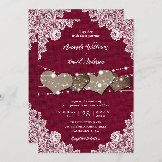 Rustiek Land Bourgondië Burlap en kant bruiloft Kaart (Voorkant / Achterkant)