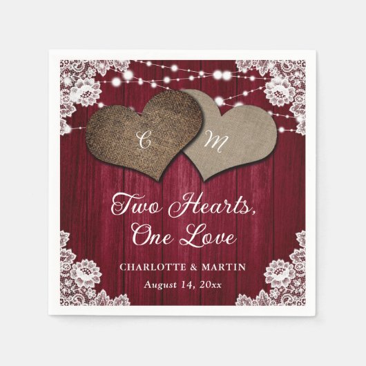 Rustiek Land Bourgondië Hout Burlap Kant Bruiloft Servet (Voorkant)