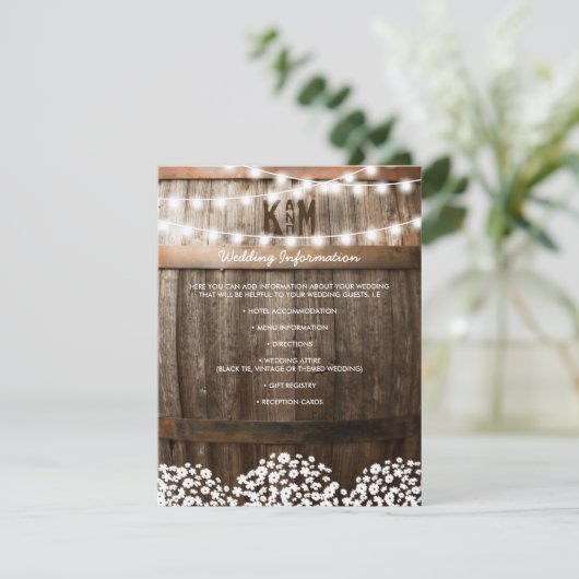 Rustiek land bruiloft details | Snaar van lichten Informatiekaartje (Staand voorkant)