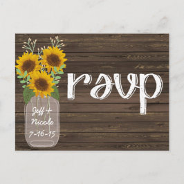 Rustiek Land Bruiloft Hout & Zonnebloemen RSVP Uitnodiging Briefkaart