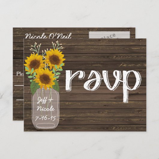 Rustiek Land Bruiloft Hout & Zonnebloemen RSVP Uitnodiging Briefkaart (Voorkant / Achterkant)