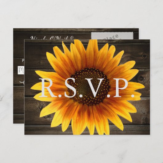 Rustiek Land Bruiloft Hout & Zonnebloemen RSVP Uitnodiging Briefkaart (Voorkant / Achterkant)