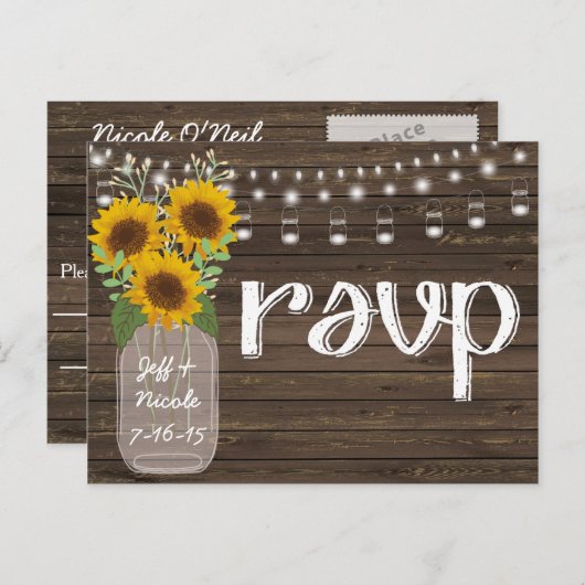 Rustiek Land Bruiloft Hout & Zonnebloemen RSVP Uitnodiging Briefkaart (Voorkant / Achterkant)