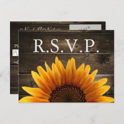 Rustiek Land Bruiloft Hout & Zonnebloemen RSVP Uitnodiging Briefkaart (Voorkant / Achterkant)