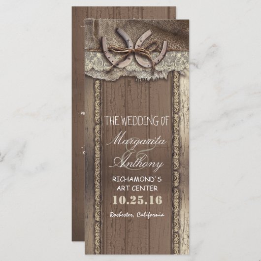 Rustiek land bruiloft programma's met hoefijzer (Voorkant / Achterkant)