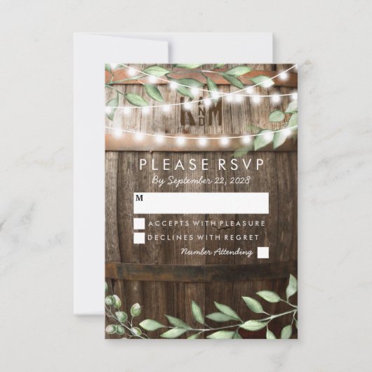 Rustiek Land Bruiloft RSVP | groen blad (Voorkant)