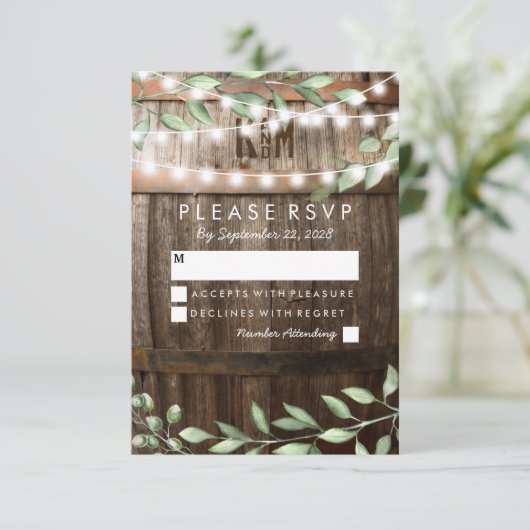 Rustiek Land Bruiloft RSVP | groen blad (Staand voorkant)