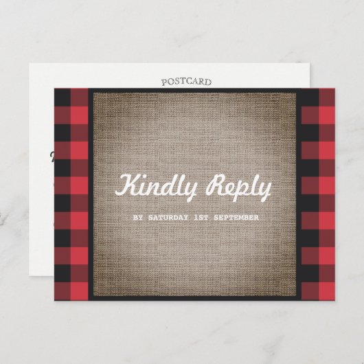 Rustiek Land Buffel Plaid & Burlap Bruiloft RSVP Uitnodiging Briefkaart (Voorkant / Achterkant)