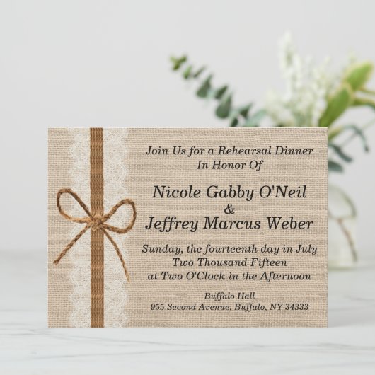 Rustiek Land Burlap Bruiloft repetitie Diner Kaart (Staand voorkant)