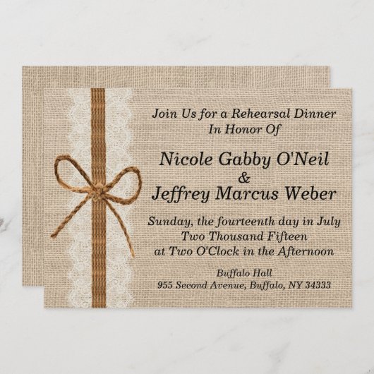 Rustiek Land Burlap Bruiloft repetitie Diner Kaart (Voorkant / Achterkant)