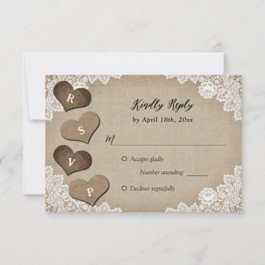 Rustiek Land Burlap en Kant Bruiloft RSVP Kaartje (Voorkant)