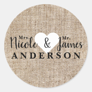 Rustiek land burlap gepersonaliseerde bruiloft gun ronde sticker