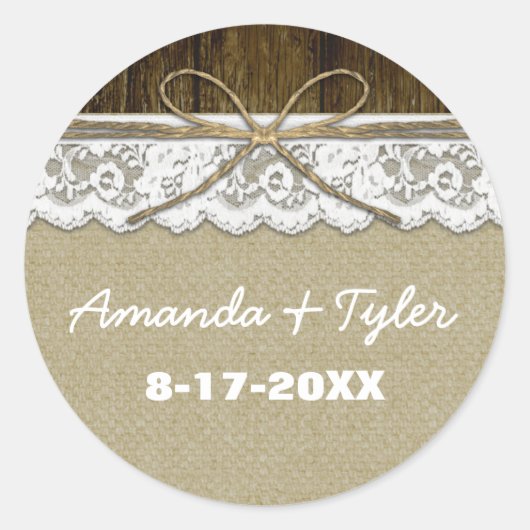 Rustiek Land Burlap Kant Bruiloft Favor Stickers (Voorkant)