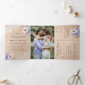 Rustiek Land Burlap Kant Paarse Bloemen Bruiloft Drieluik Uitnodiging (Binnen)