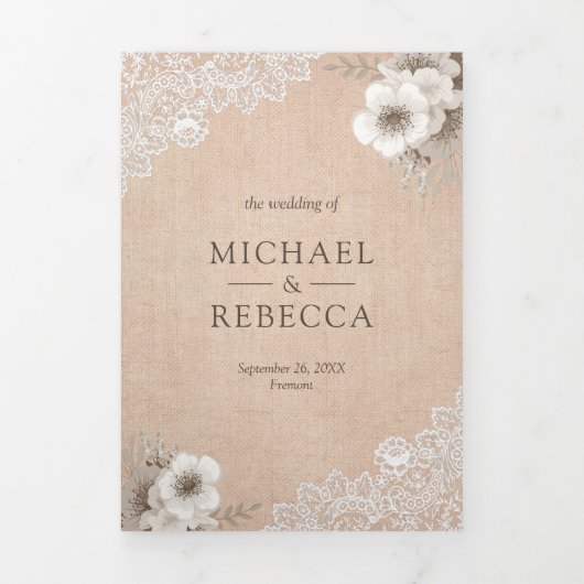Rustiek Land Burlap Lace Ivoor Bloemen Bruiloft Drieluik Uitnodiging (Cover)